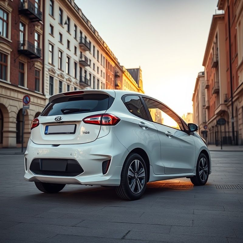 Biały kompaktowy hatchback na tle miejskiej architektury Katowic