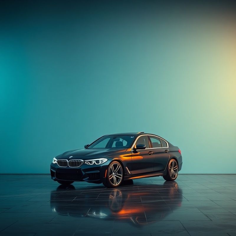 Czarny sedan BMW na tle chłodnego, lazurowo-szarego gradientu