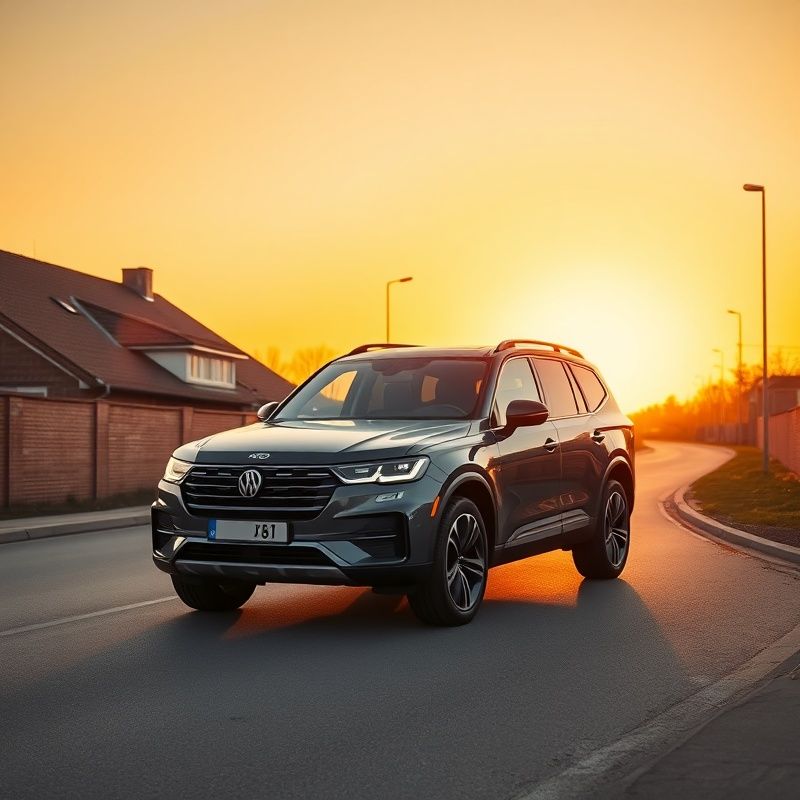 Ciemnoszary SUV w ujęciu z trzech czwartych na śląskiej drodze o złotej godzinie